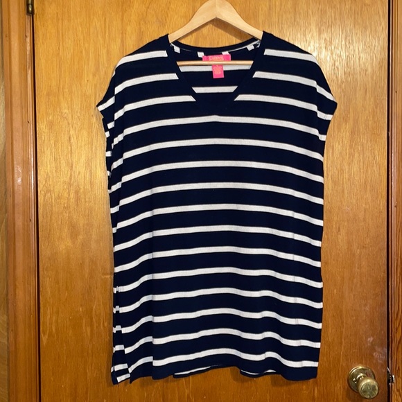 •CATHERINE MALANDRINO•NAVY & WHITE STRIPE OVERSIZED SHORT SLEEVE TUNIC TOP SMALL - Picture 3 of 6